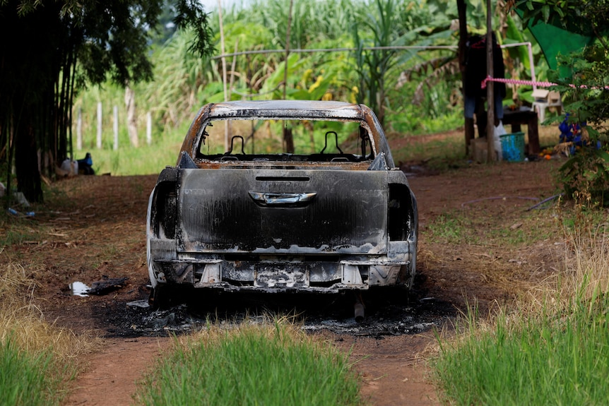 The burnt out remains of a pickup truck sit on a dirt road. 