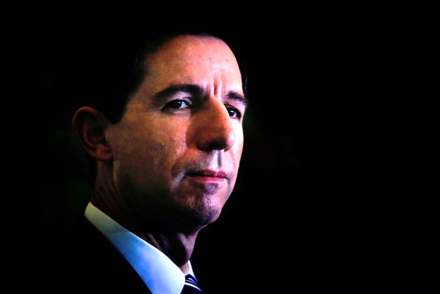 Simon Birmingham stands in the shadows and looks to his right to the media.