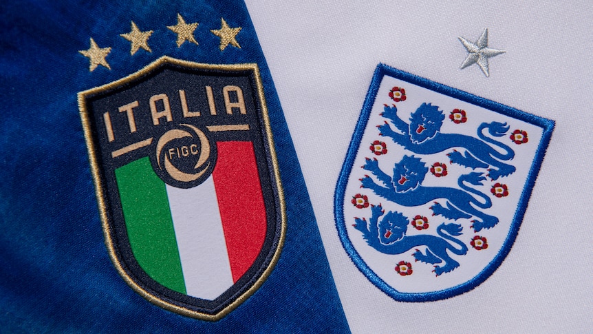 Composite image of the Italy crest on a blue background and an England crest on a white background