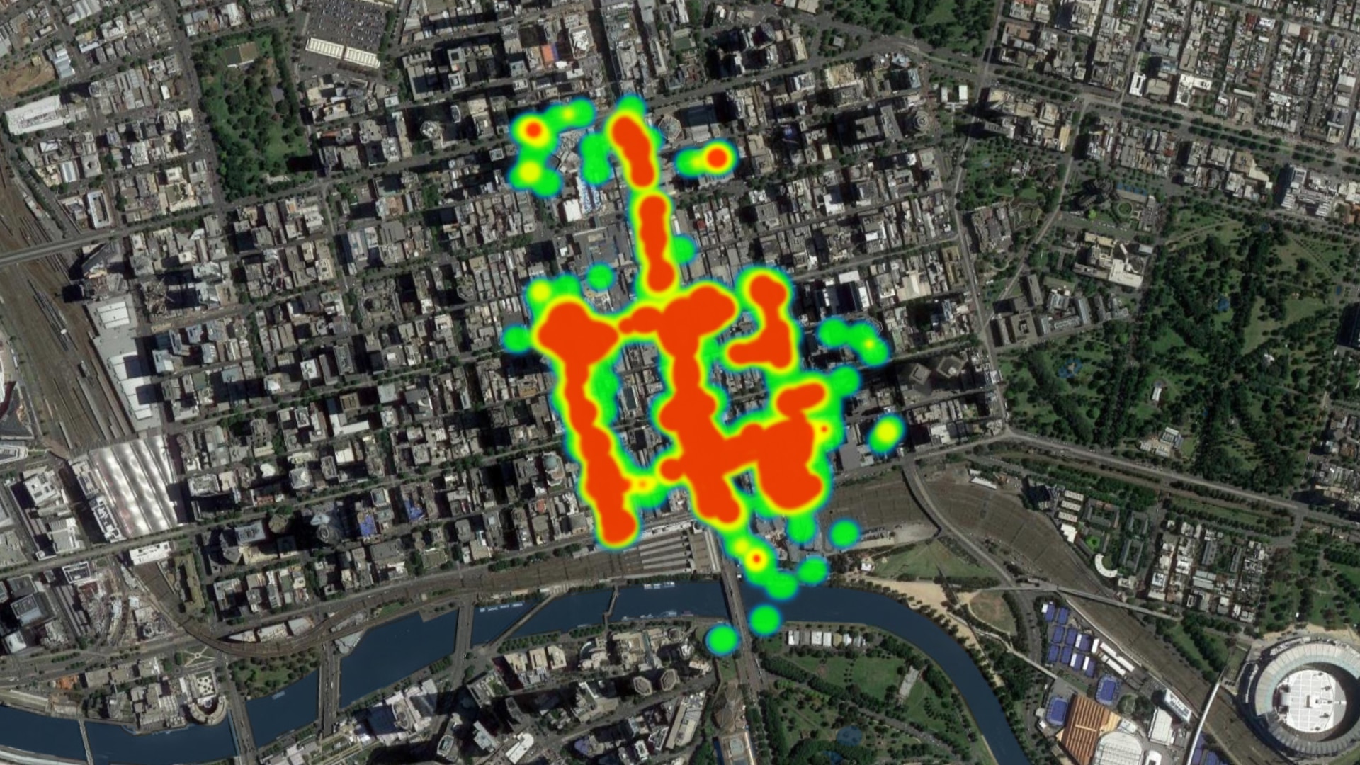 An aerial map of Melbourne's CBD with heated lines along some streets.
