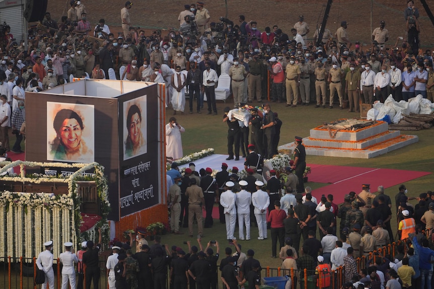Defence forces carry Lata Mangeshkar's coffin during her state funeral in Mumbai, India, February 6, 2022.