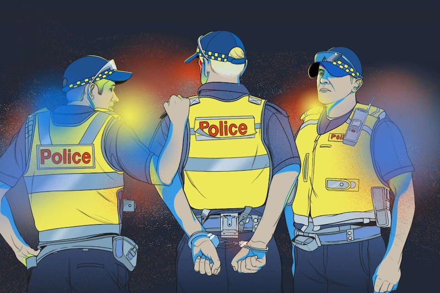 An illustration shows three police officers, one with his hands cuffed behind his back