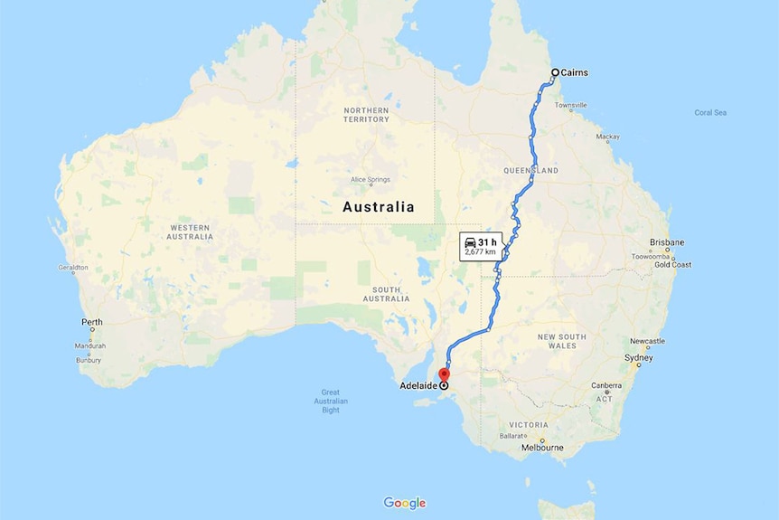 A map of Australia with a blue line connecting Cairns and Adelaide