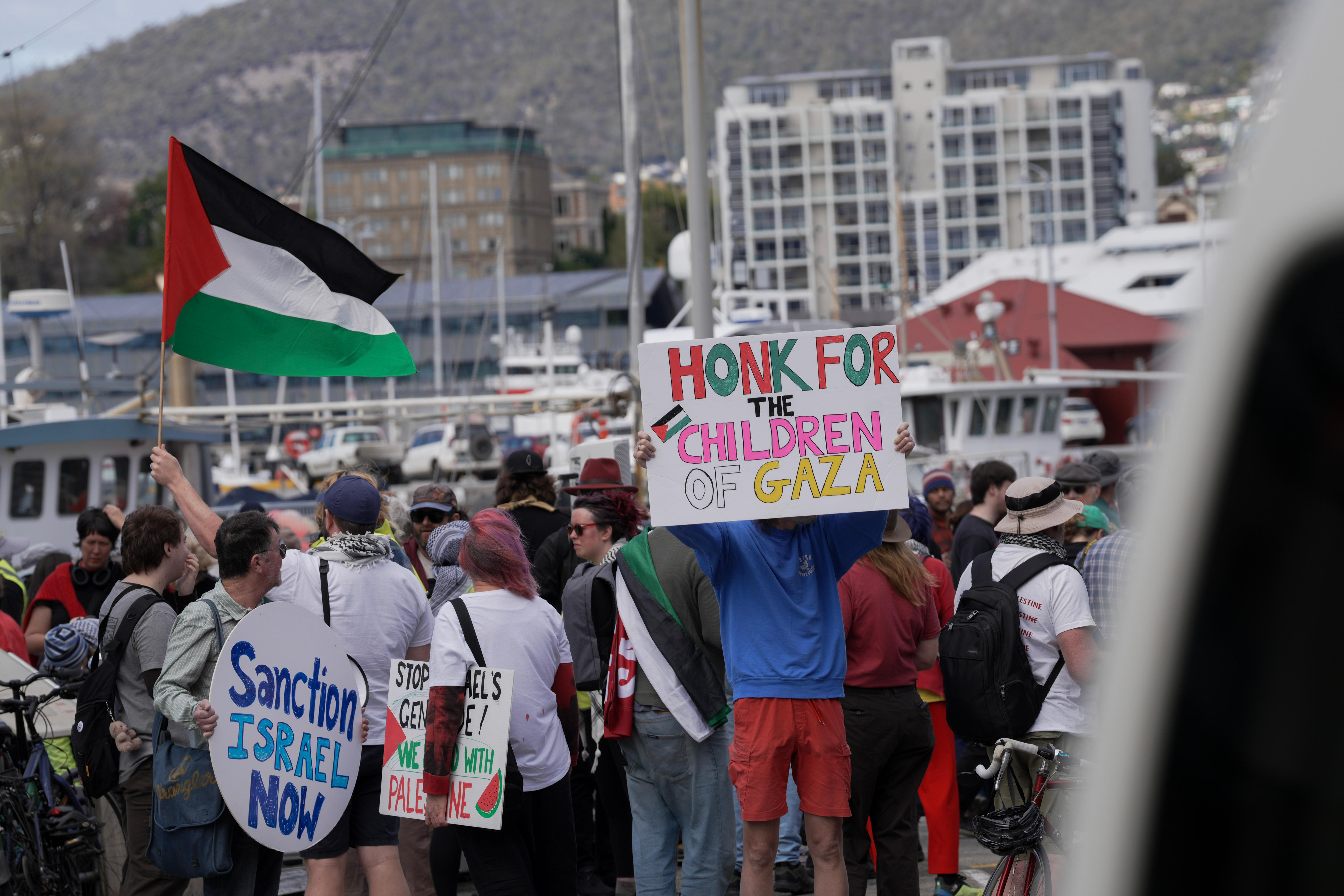 A large group of people on a sidewalk holding signs saying "Honk for the children of Gaza" and a Palestinian flag.