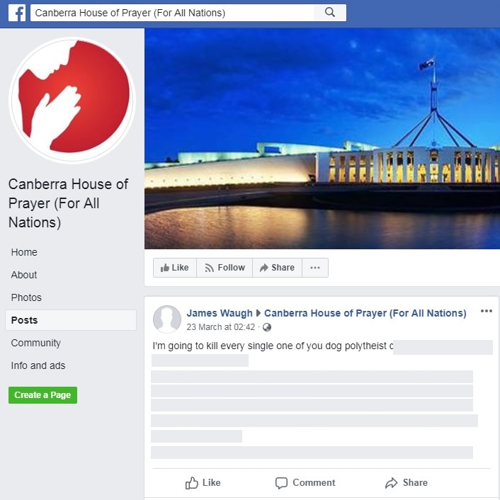 A post on the Canberra House of Prayer Facebook page that reads: I'm going to kill every single one of you dog polytheist c****.