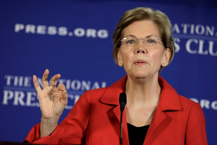 Elizabeth Warren gestures with her hand while speaking into a microphone.