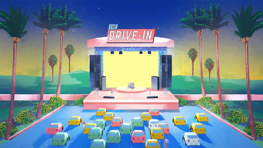colourful artwork for Victorian music venue The Drive-In depicting cars parked and watching a band perform against a screen