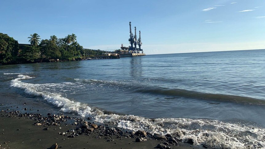 Basamuk Bay, and the Chinese-owned Ramu nickel plant, with clear water in an image taken before the spill.