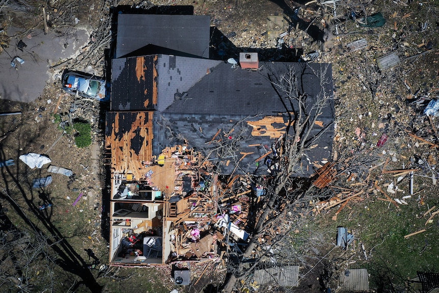 A view from above of a house with half of its roof off and a tree on top of it.