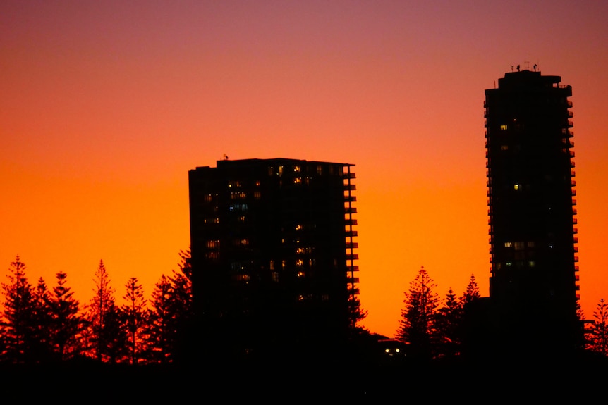 Apartment towers at sunset.