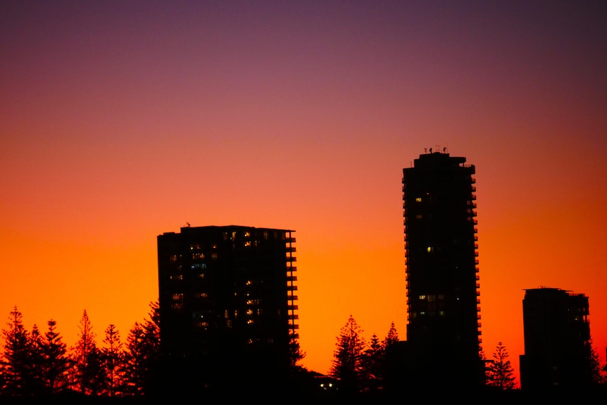 Apartment towers at sunset.