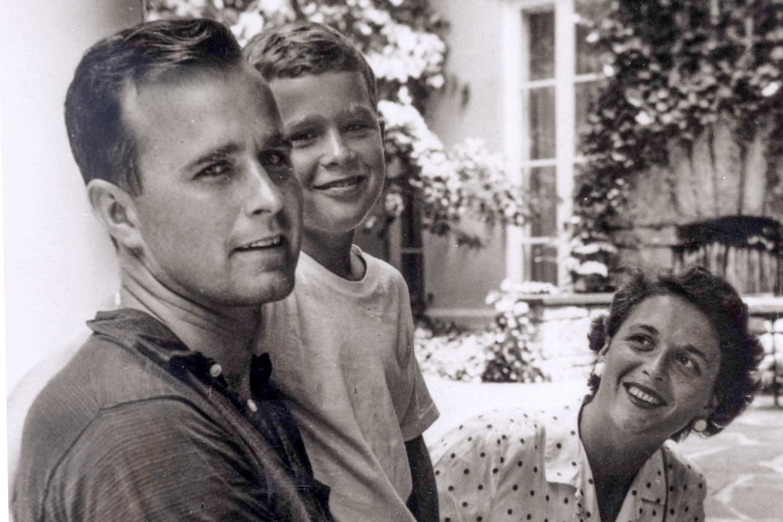 Barbara Bush, husband George Bush and son George W Bush in 1955