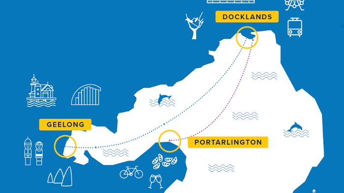 A map showing the Geelong to Docklands and Portarlington to Docklands ferry routes.