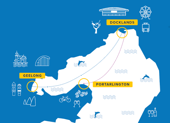 A map showing the Geelong to Docklands and Portarlington to Docklands ferry routes.