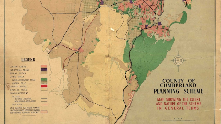 A 1948 map showing the 'extent and nature' of the County of Cumberland planning scheme.