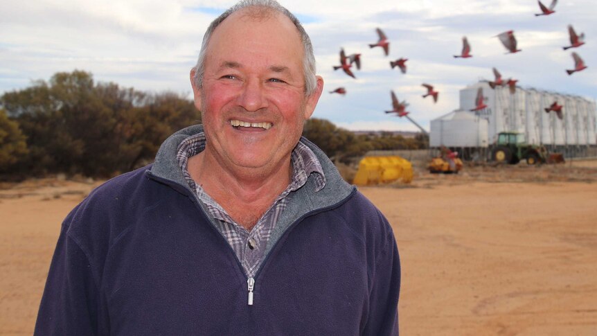 A mid-shot of a smiling Max Lancaster standing on his farm with grain silos and pink and grey cockatoos in the background.