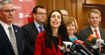 Jacinda Ardern giving a press conference.