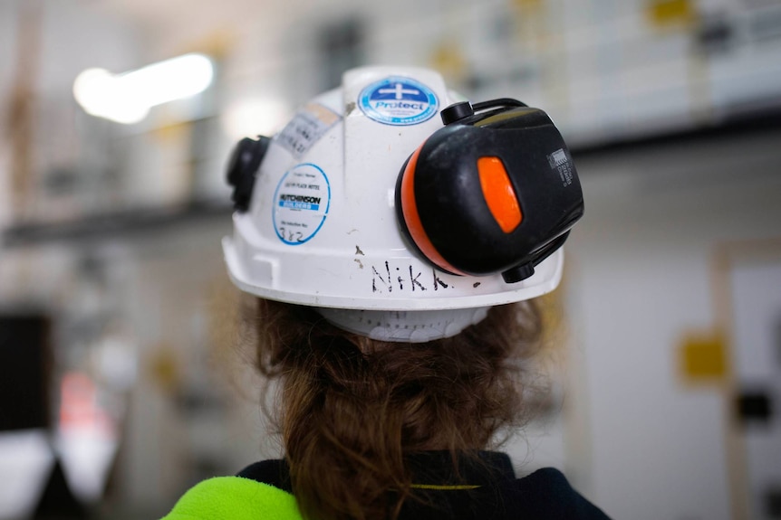 Nikki's hard hat with her name on it 