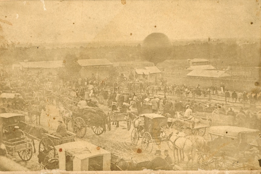 An aged black and white photo of a hot air balloon in a park with horse and carts everywhere