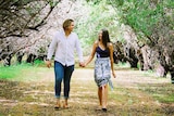 A couple walks through a grove of trees, holding hands