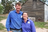 Belinda and Jason Hagen stand in front of a shed at their farm in Tooboorac.