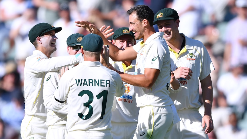 Mitchell Starc celebrates with his teammates, smiling