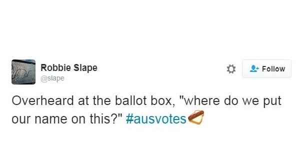 @discokitcat tweets about a humorous exchange she overheard while voting