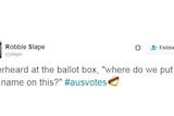 @discokitcat tweets about a humorous exchange she overheard while voting