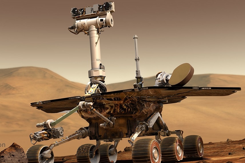 A concept image shows a solar powered NASA rover with six wheels on the surface of Mars.