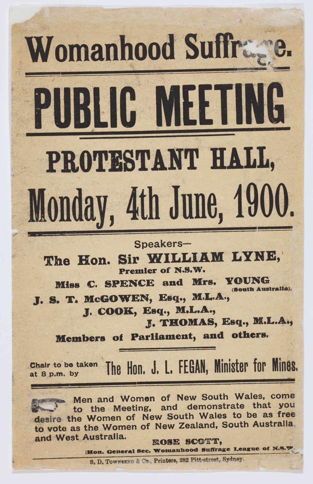 An image of a 1900 pamphlet about a public protest meeting held by Womanhood Suffrage