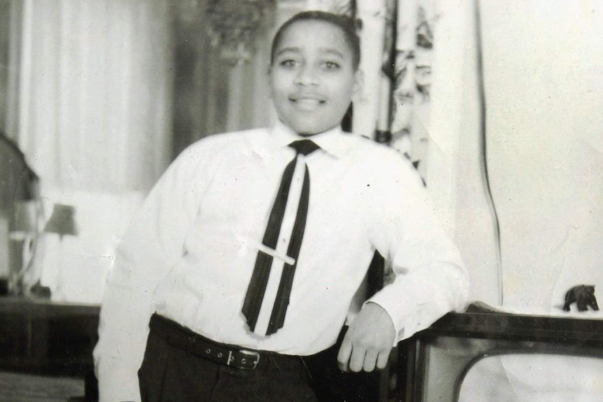 Emmett Till stands posing for a portrait. Date unknown.