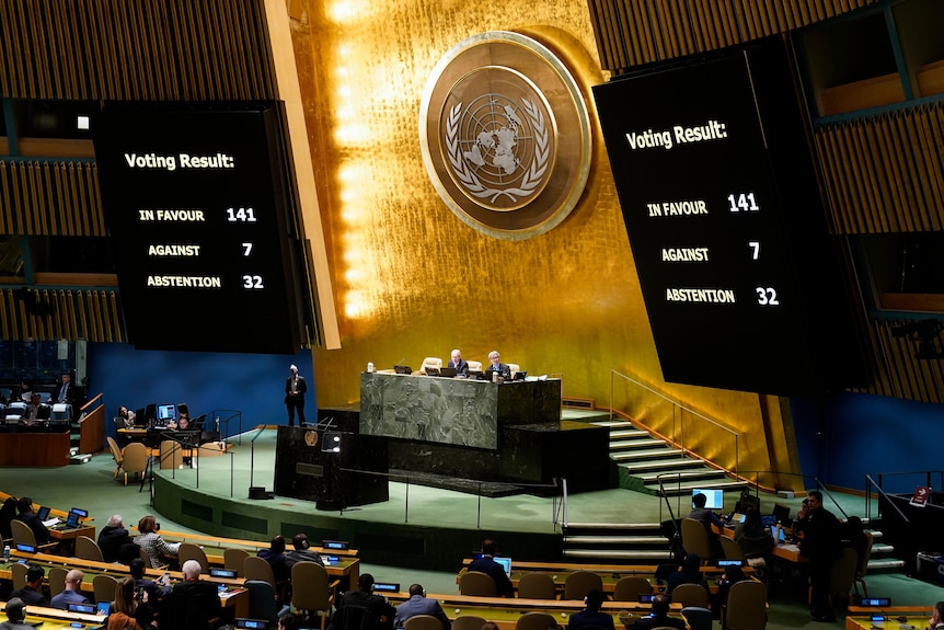 Close up of screens at the UN General Assembly showing the vote outcome of a resolution.