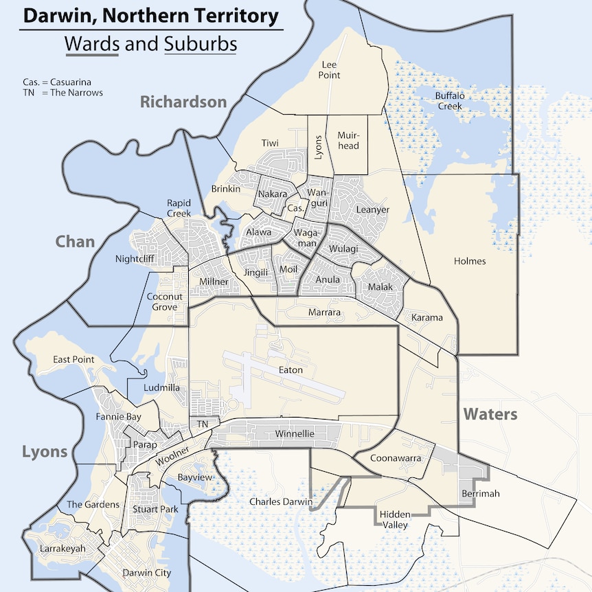 A map of City of Darwin municipalities and wards.
