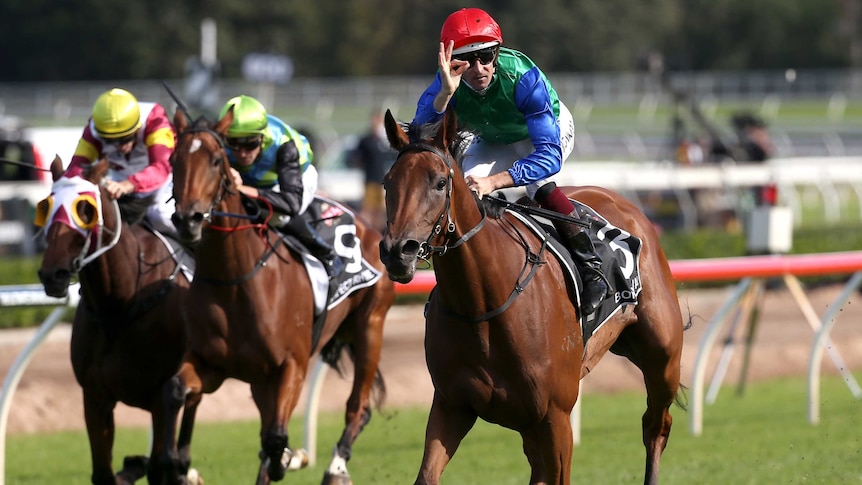 Bonneval ridden by Hugh Bowman wins the Australian Oaks at Randwick on April 8, 2017.