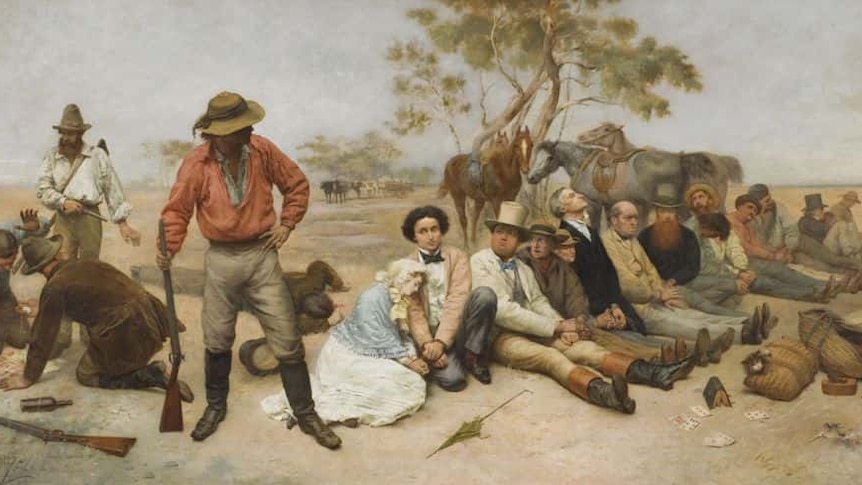 Beautiful painting of Bushrangers counting the spoils after robbing a wagon full of people, tied up on the ground.