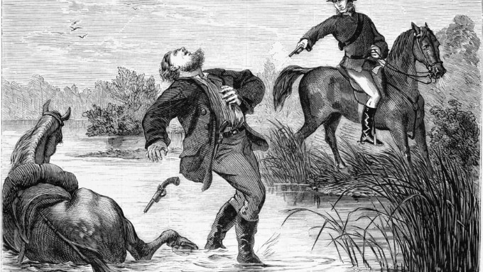 A black and white wood engraving shows Constable Walker on horseback shooting the bushranger Captain Thunderbolt in the chest.