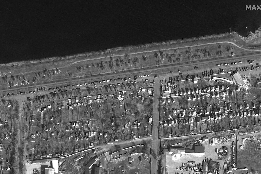 Satellite image shows Russian forces on a street approaching Nova Kakhovka in Ukraine.