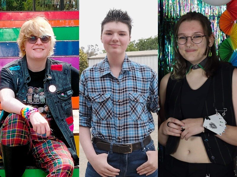 An image composite of three young people, they all smile into the camera.