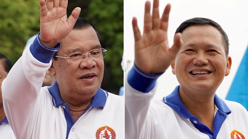 composite of Hu Sen and Hu Manet during election campaign rallies. 