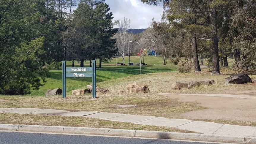 A sign for Fadden Pines in front of a park.