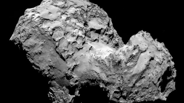 Rosetta spacecraft image showing Comet 67P/Churyumov-Gerasimenko in profile.