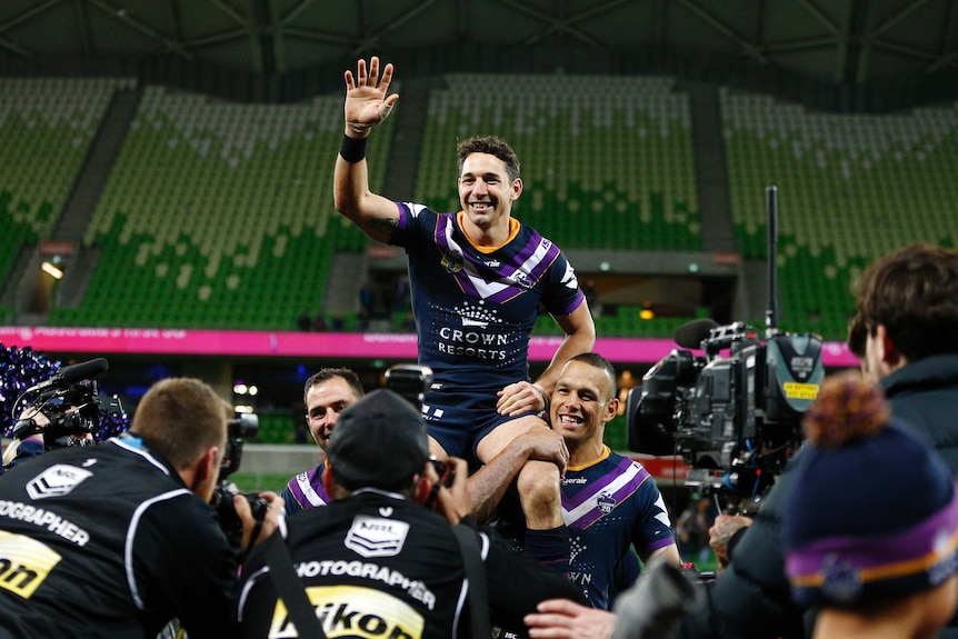 The Storm's Billy Slater is chaired off after the Preliminary Final against Cronulla.