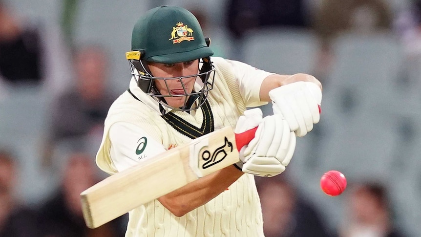 Marnus Labuschagne grimaces as he pulls the pink ball during a day-night Test