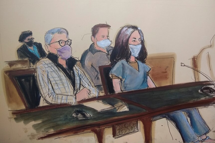 A courtroom sketch shows Ghislaine Maxwell wearing a blue suit in court seated next to her attorney.