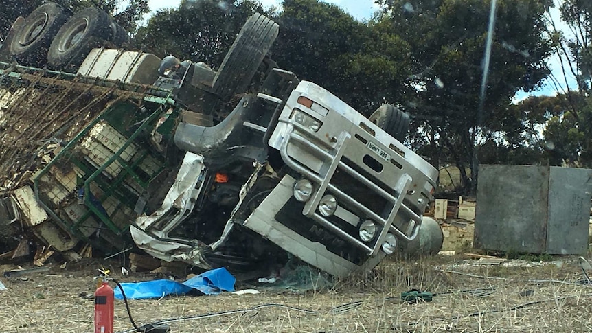 The truck lies rolled over surrounded by empty wooden bee hives and rescue tools.