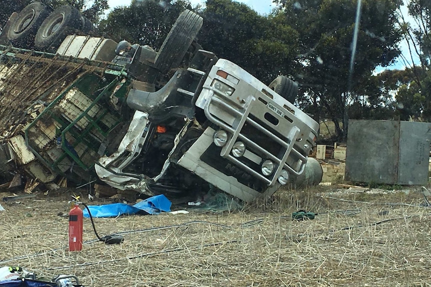 The truck lies rolled over surrounded by empty wooden bee hives and rescue tools.