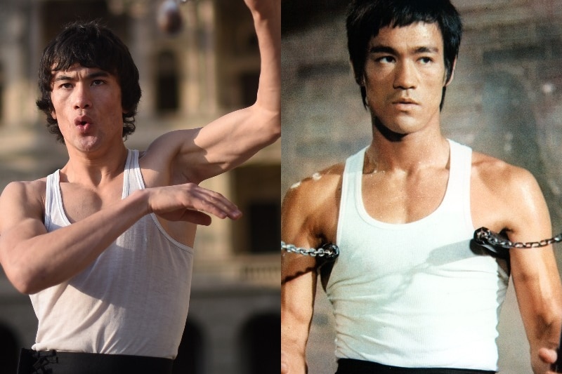 Image of a man looking like Bruce Lee, with a white shirt, muscular arms and holding a nun-chuk, next to the image of the real Bruce Lee.