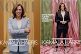 Kamala Harris is seen on two Vogue covers, on left wearing a blue suit and on right wearing dark one against green backdrop.