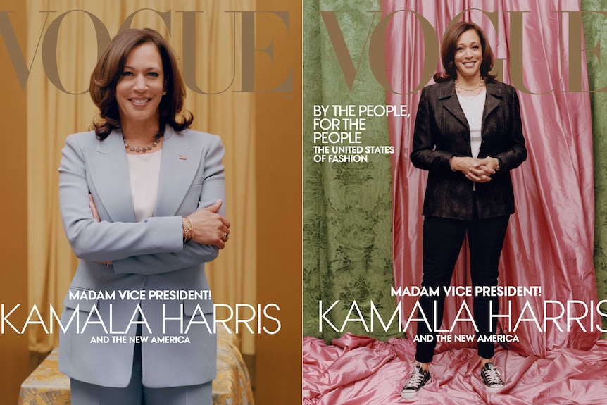 Kamala Harris is seen on two Vogue covers, on left wearing a blue suit and on right wearing dark one against green backdrop.