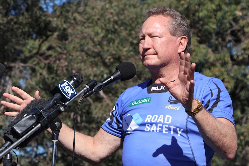 A mid shot of Fortescue Metals Group founder Andrew Forrest with arms outstretched wearing a Western Force jersey.